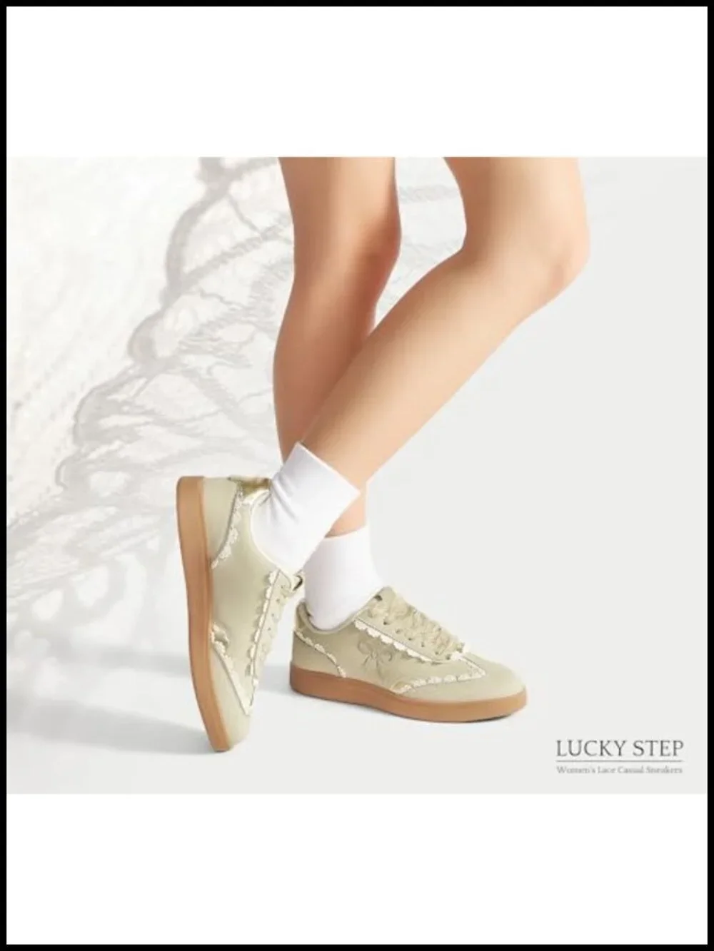 Women's Lace Detail Casual Sneakers Organza Ribbon Lace-Up Fashion Vintage Gum